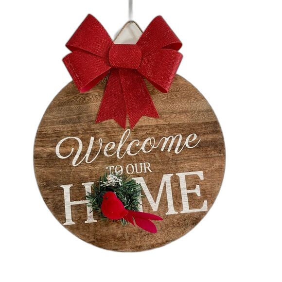 WELCOME TO OUR HOME Round Wood Decor Red Bird Wreath Red Bow Large Hanging 14 in - Picture 1 of 7
